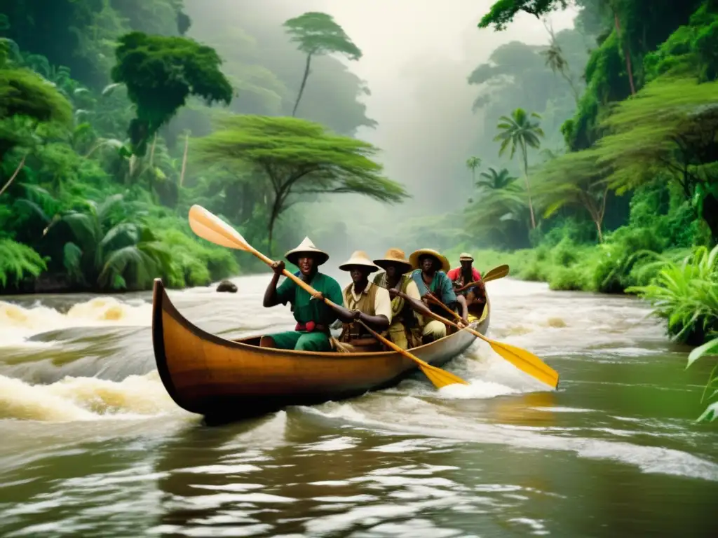 Exploradores del Nilo navegando en río africano rodeado de vegetación exuberante, vestidos de manera rústica y observados por tribu local