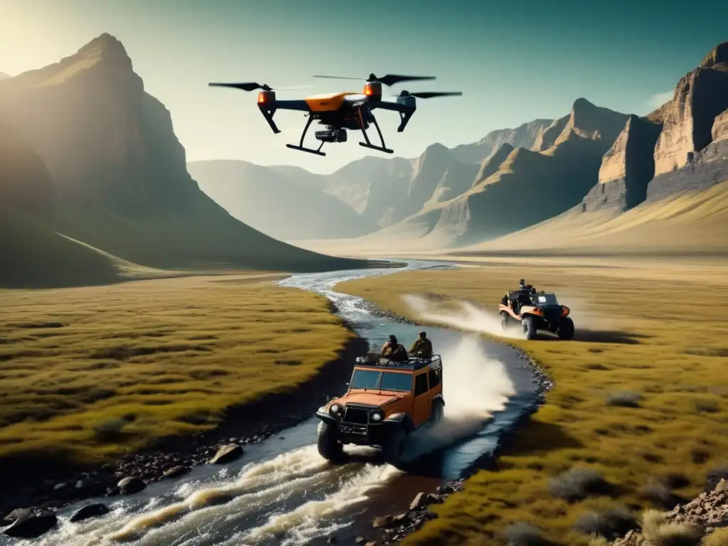 Exploradores en expedición con vehículos todo terreno Exploradores en expedición remota con vehículos todo terreno y drones, avances tecnológicos en transporte terrestre