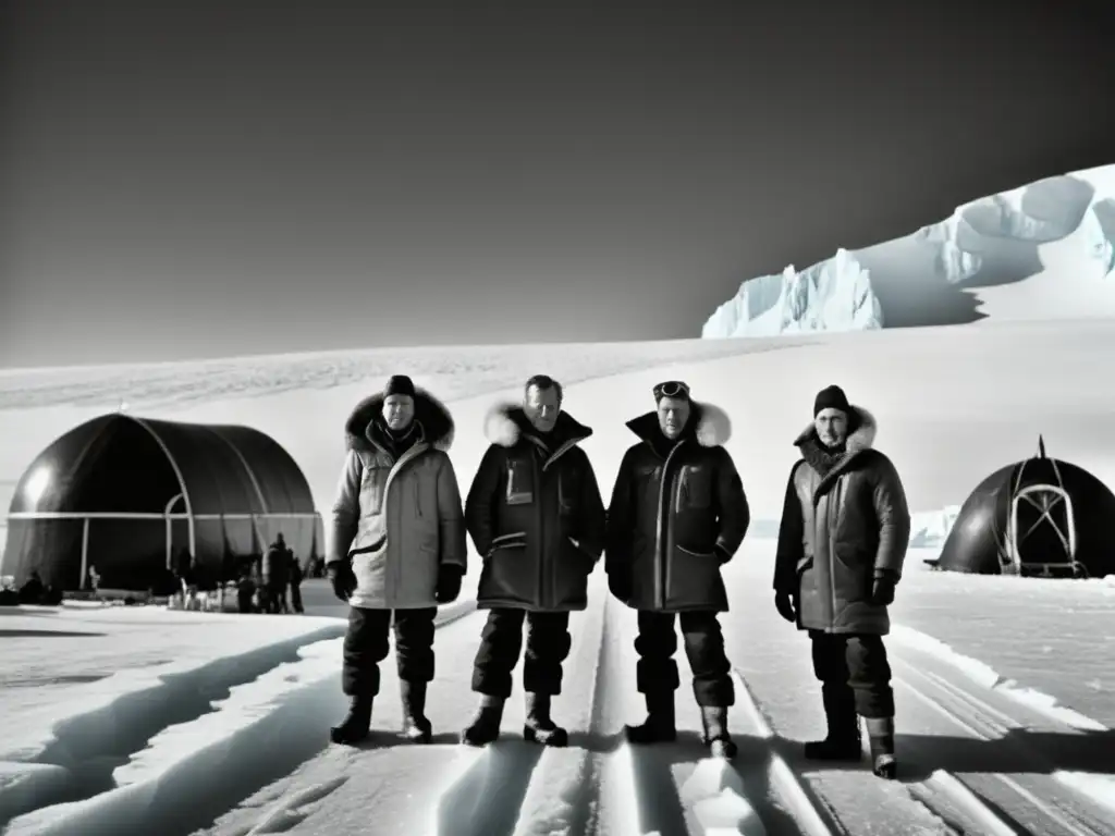 Expediciones científicas Antártida: grupo de científicos explorando un paisaje helado al atardecer, con formaciones de hielo majestuosas