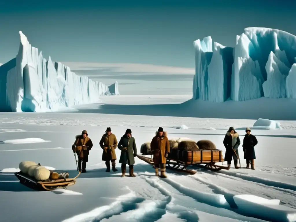 Grupo exploradores en paisaje helado de la Antártida: Expedición Shackleton