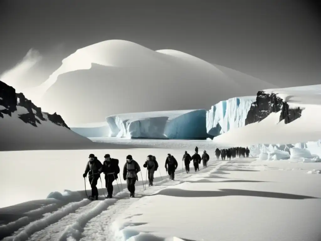 Paisaje implacable de la Antártida, exploradores en nieve, glaciar majestuoso - El viaje heroico de Ernest Shackleton al Polo Sur