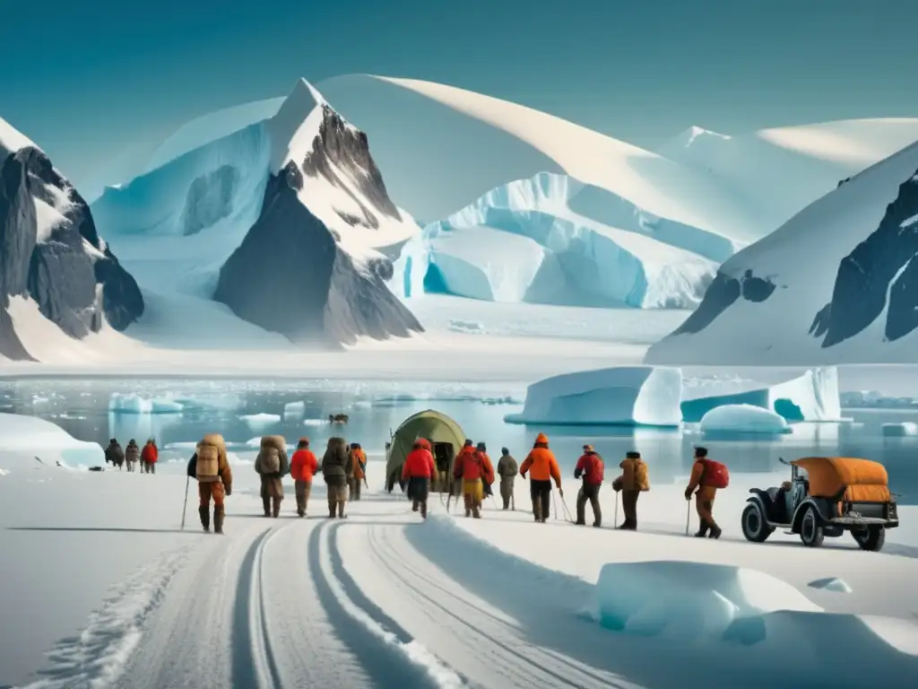 Paisaje helado de la Antártida, exploradores trazando la conquista del Polo Sur