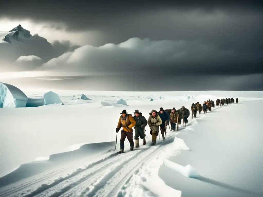 Exploradores valientes en paisaje helado, enfrentando desafíos y mostrando resiliencia