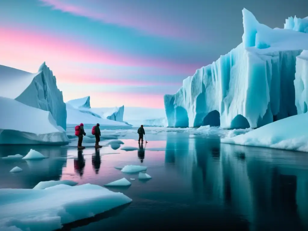 Exploradores en paisaje congelado en la Antártida, técnicas de supervivencia