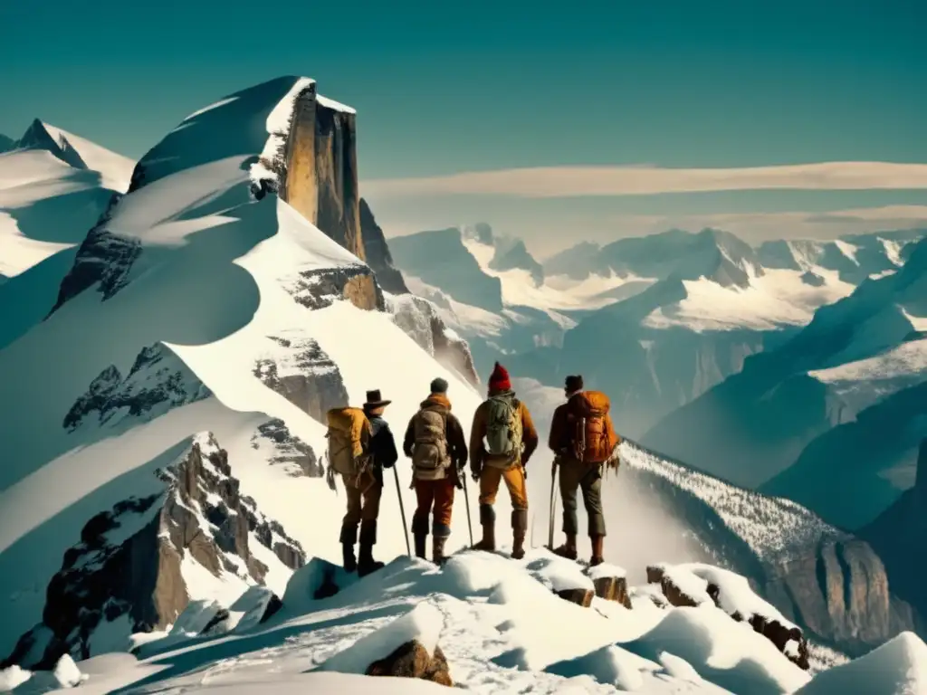 Grupo de grandes exploradores en cima de montaña nevada, rodeados de hielo y vasta naturaleza inexplorada