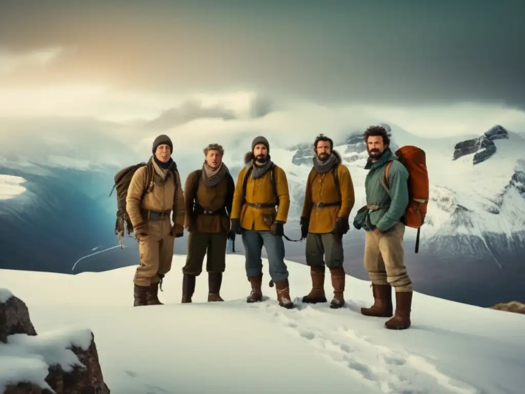 Grupo de exploradores en la cima de una montaña nevada practicando gestión del estrés en expediciones