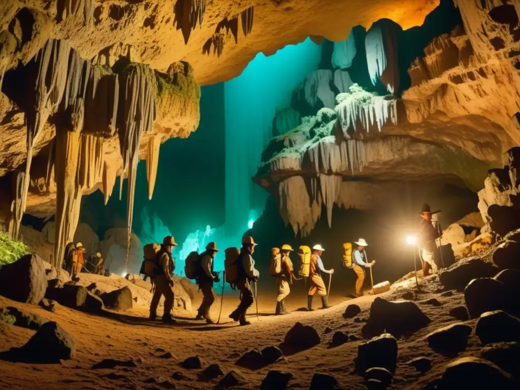 Rescate en cuevas: Exploradores en una cueva antigua con estalactitas y estalagmitas, dibujos ancestrales y luz sepia