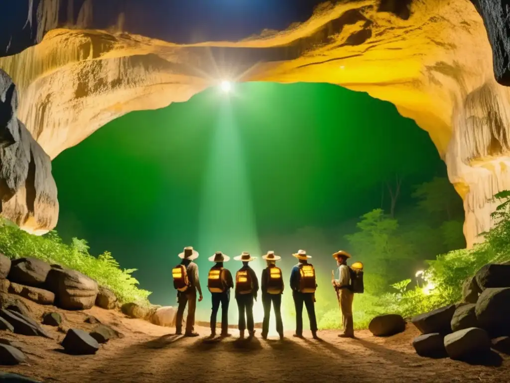 Exploradores en la entrada de la Cueva Mammoth, con iluminación dorada de linternas, rodeados de vegetación exuberante