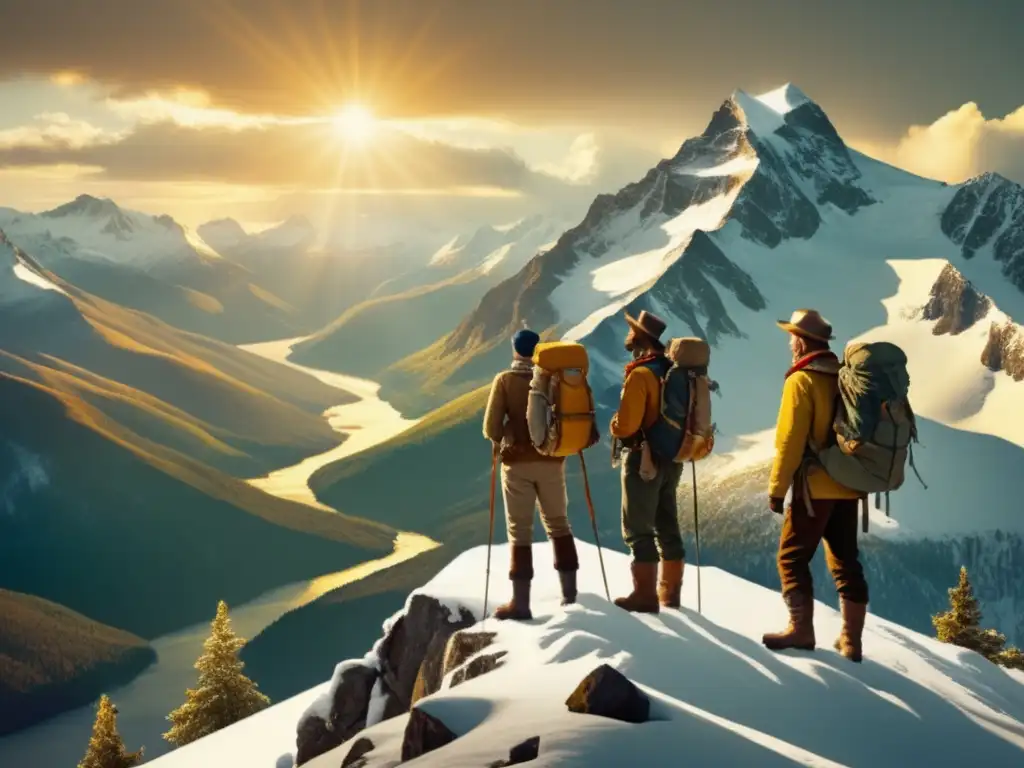 Grupo de exploradores en la cima de una montaña nevada, maravillados