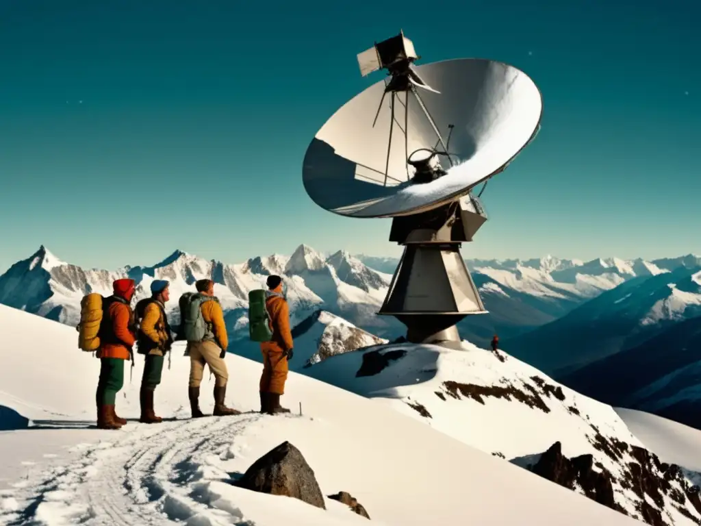 Grupo de exploradores en una montaña nevada rodeada de naturaleza salvaje