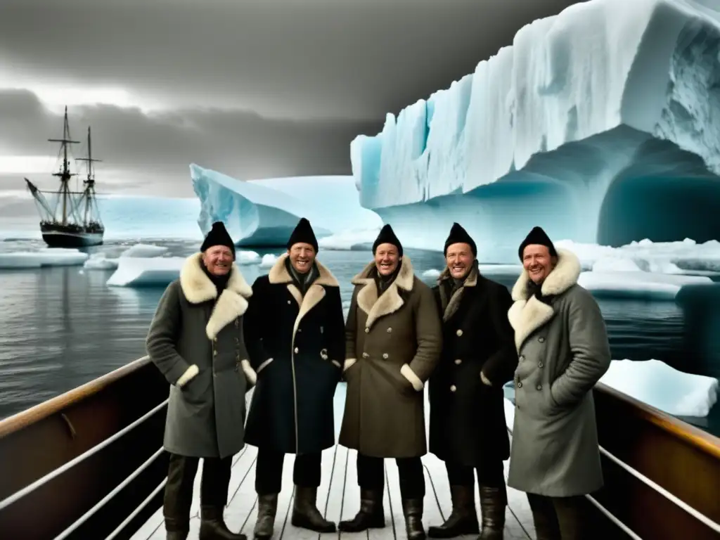 Expedición Belgica: Grupo de exploradores en el barco rodeados de icebergs en la Antártida