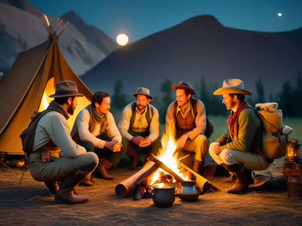 Exploradores en equipo de expedición y tecnología de alimentos para expediciones largas en campamento con fogata y mesa llena de provisiones