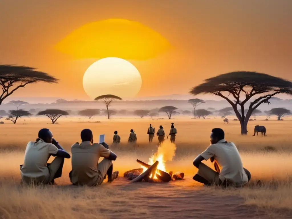 Expedición de Stanley a África: exploradores en la sabana dorada, frente al atardecer, planificando su aventura