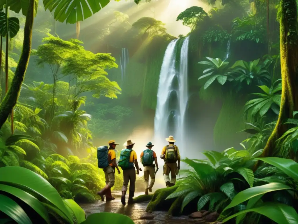 Exploradores listos para aventura en la jungla Exploradores en jungla misteriosa con tecnología de exploración avanzada
