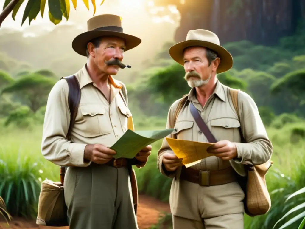 Exploración africana: Livingstone y Stanley en la selva africana rodeados de vegetación exuberante