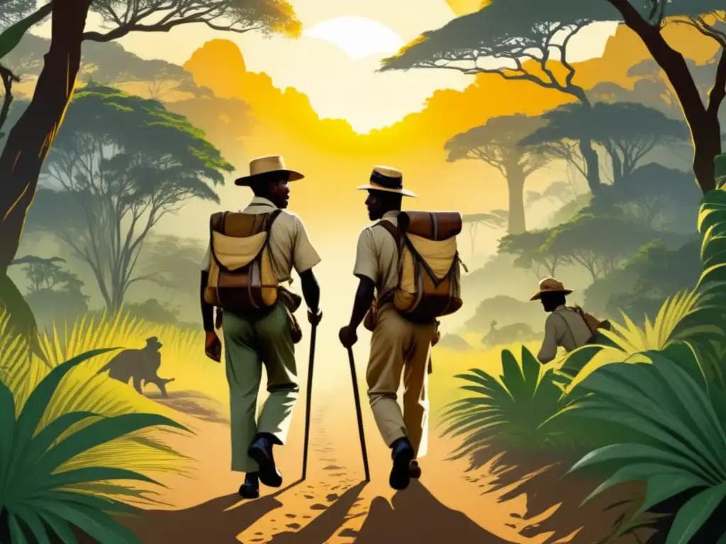 Exploración africana: Ilustración vintage de dos exploradores, Livingstone y Stanley, adentrándose en la selva africana