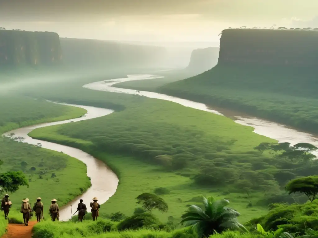 Expedición de Stanley a África en el siglo XIX: paisaje africano, exploradores, vegetación exuberante, río sinuoso