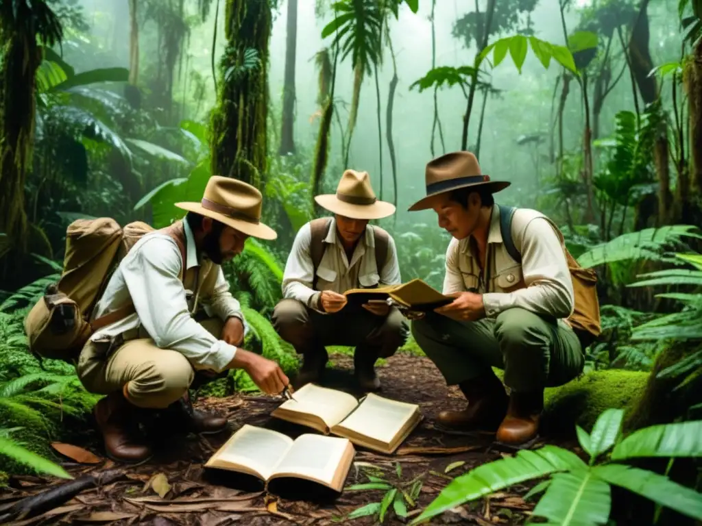 Descubrimientos botánicos en la selva amazónica: densa y exuberante vegetación, exploradores con vestimenta tradicional, biodiversidad y aventura