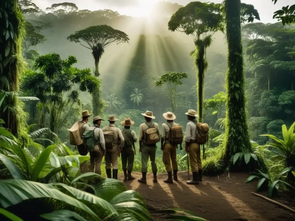 Expedición en Amazonas: Exploradores fascinados por vasta selva amazónica en foto vintage 8k