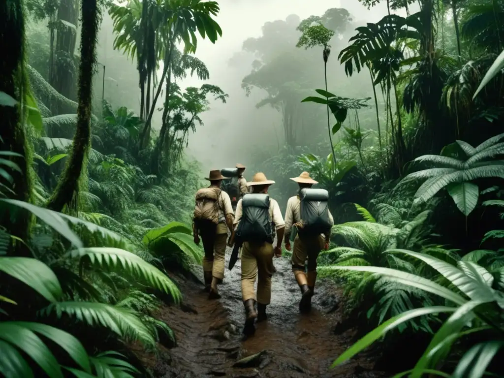 Exploradores en expediciones al Amazonas atraviesan la densa selva en una imagen vintage 8k