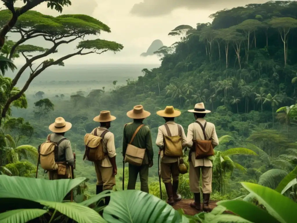 Exploradores en una jungla virgen, vestidos de expedición, con mapas y brújulas