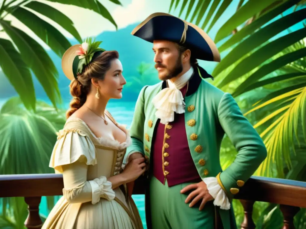 Jeanne Baret y Philibert Commerson en un barco rodeados de vegetación tropical y vestidos al estilo del siglo XVIII, estudian una flor vibrante