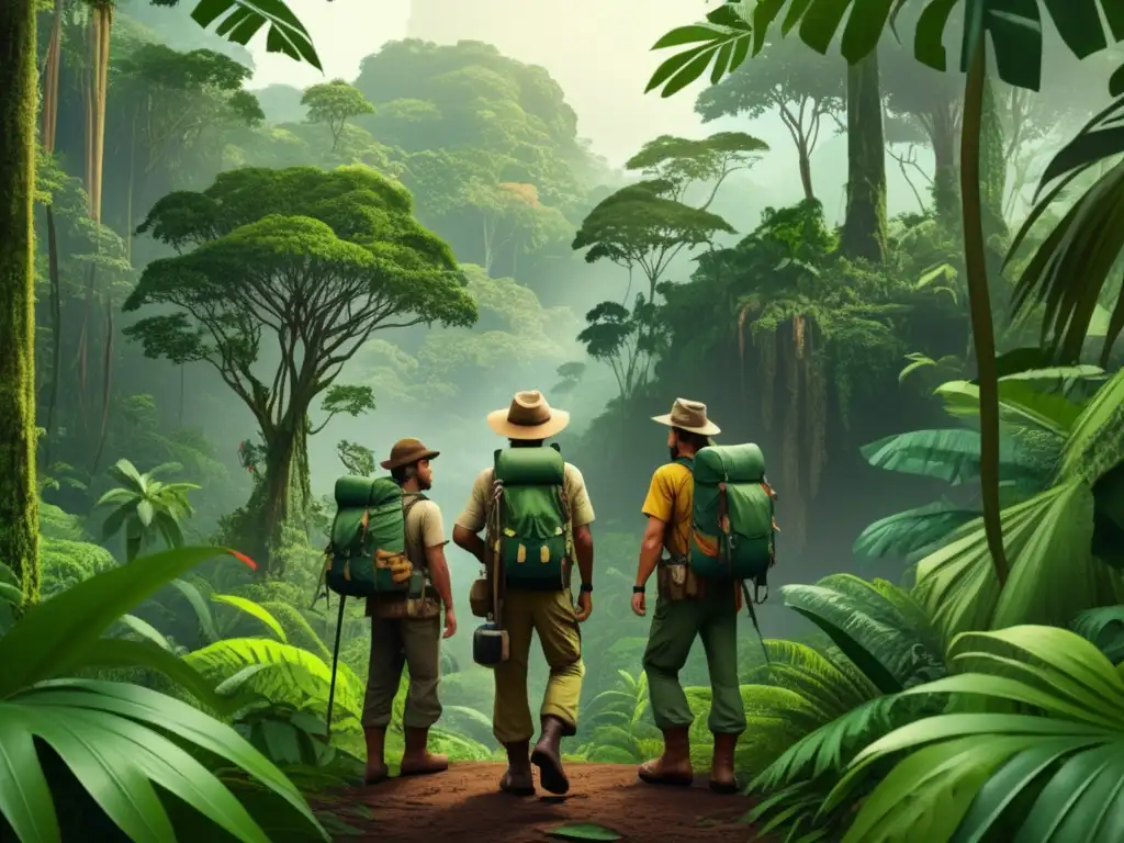 Ilustración vintage de exploradores en una exuberante selva tropical