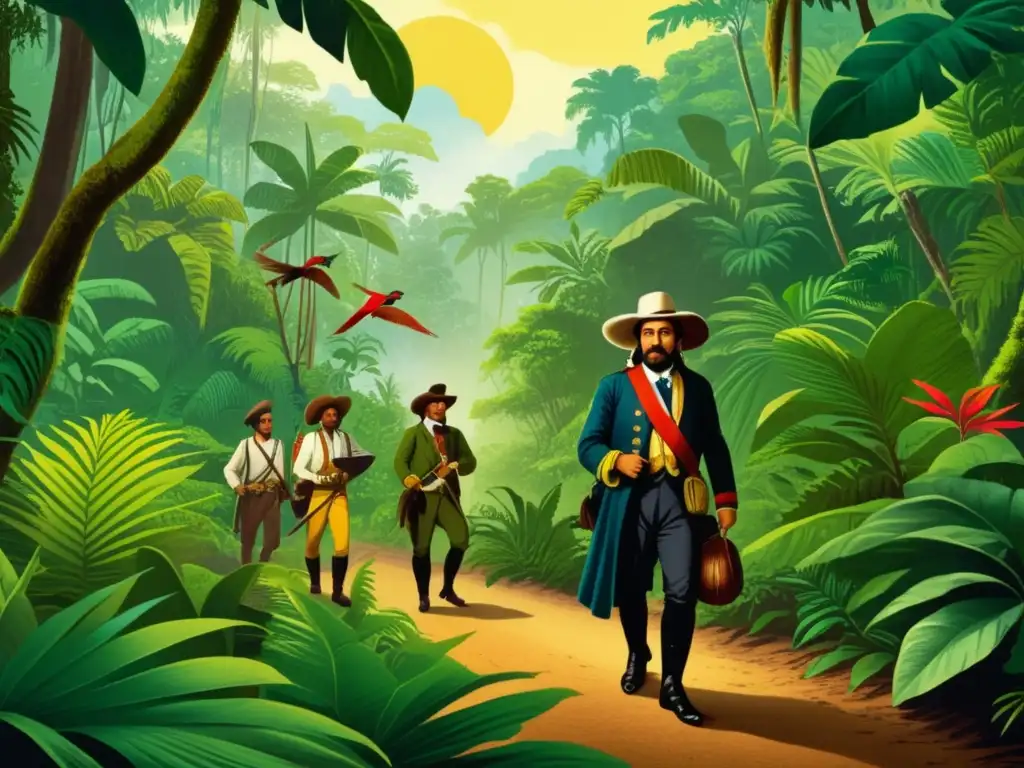 Ilustración vintage de la Expedición Botánica de Mutis en exuberante selva tropical, con flora y fauna exótica