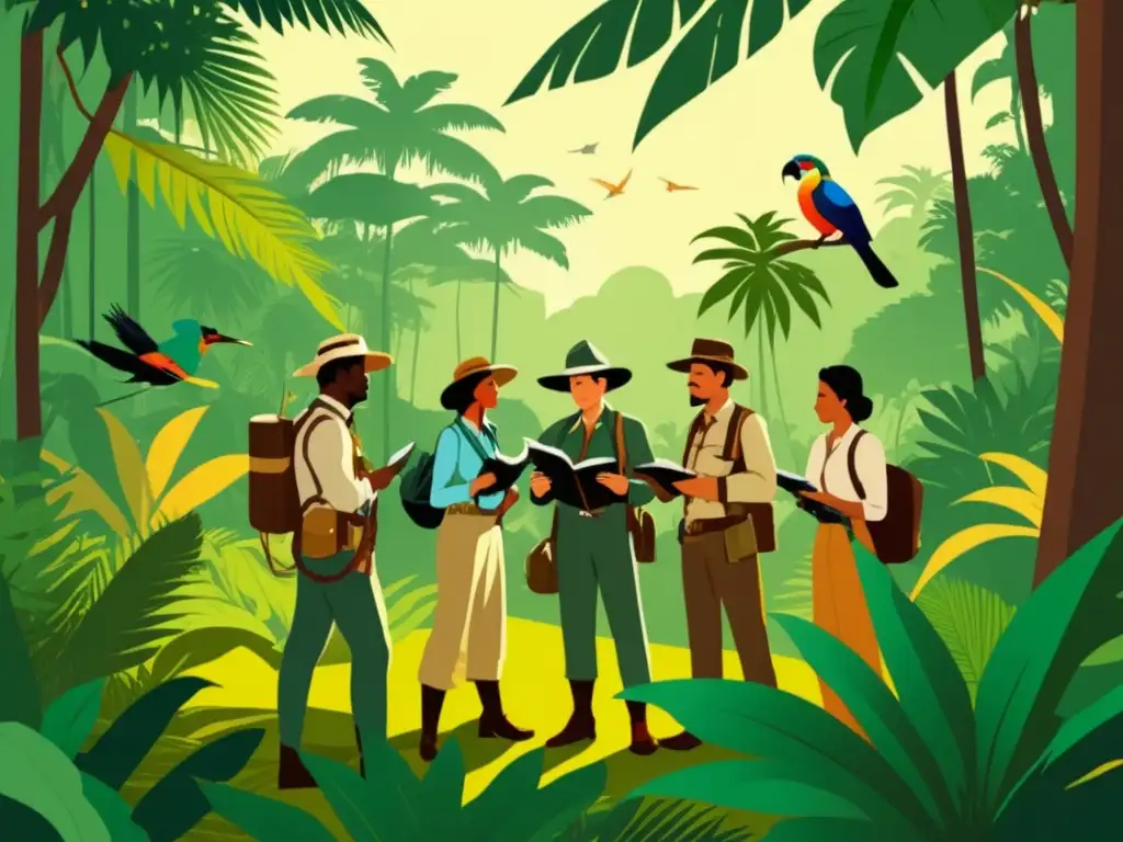 La huella de las expediciones en el estudio de las aves exóticas en una ilustración vintage