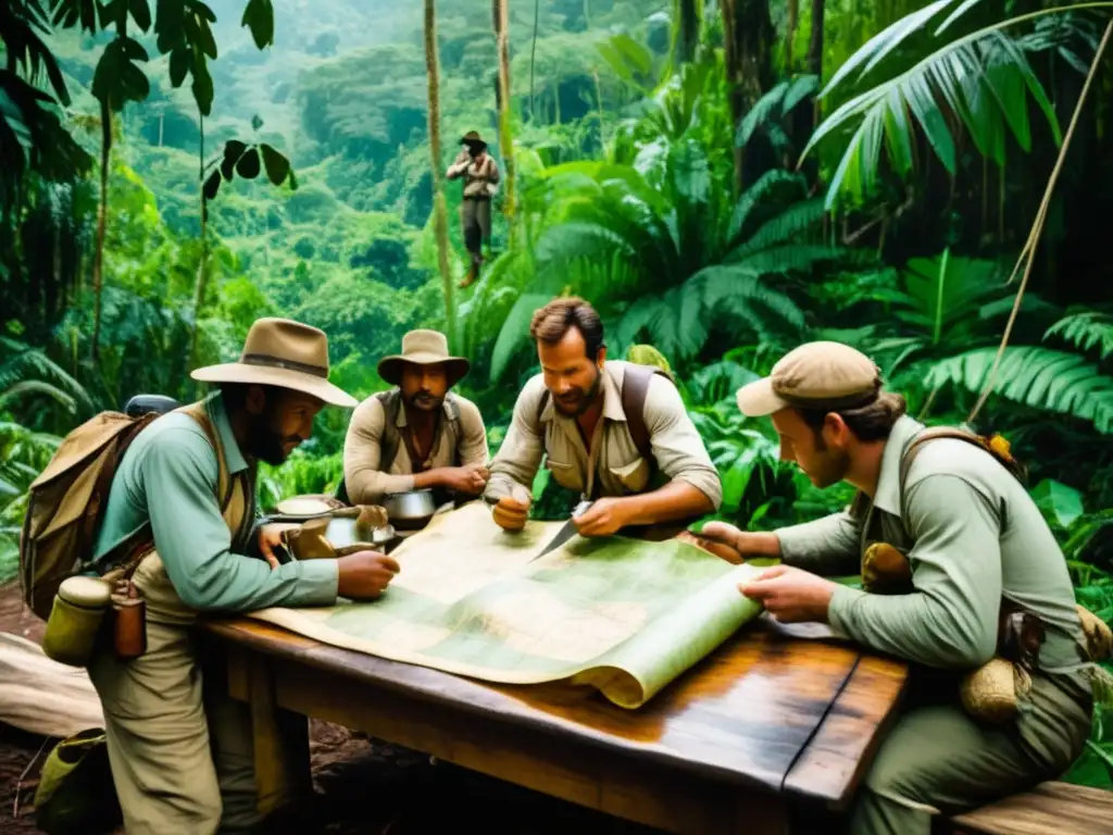 Escena de exploración vintage en una exuberante jungla con conversación animada sobre gastronomía en las expediciones