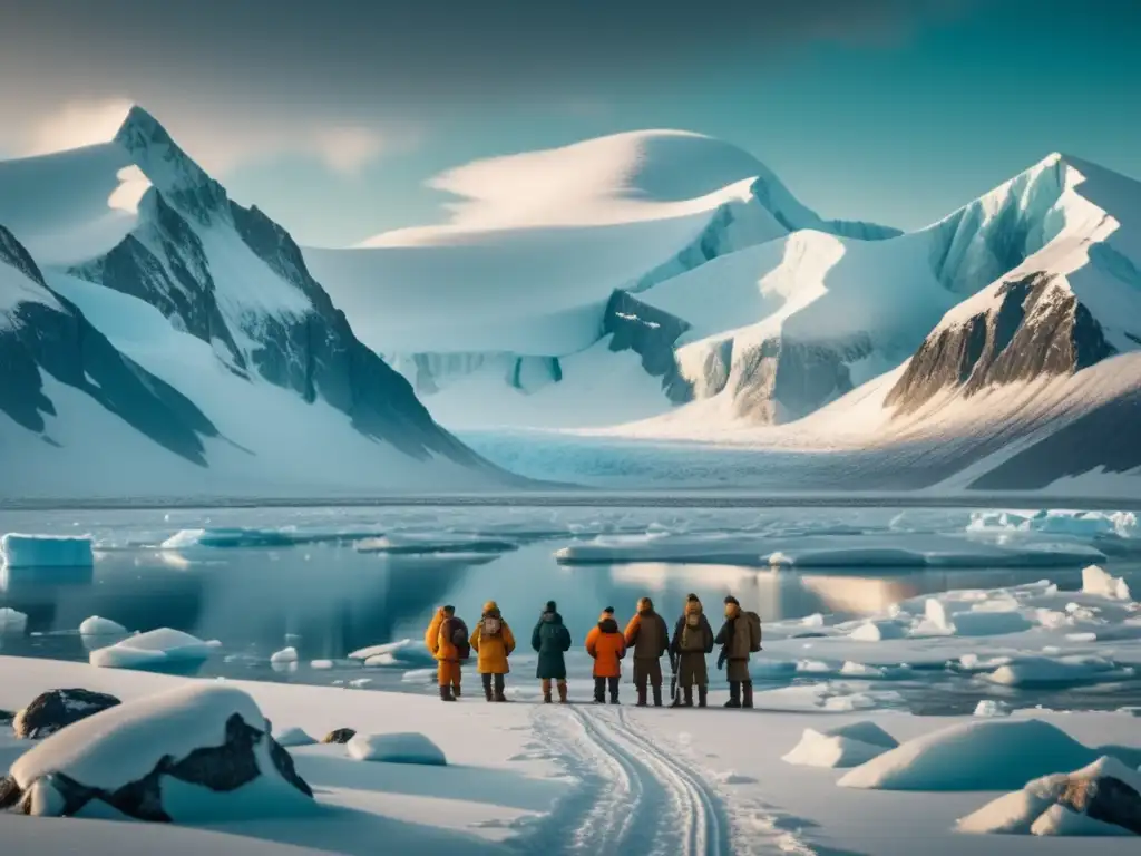 Paisaje ártico con exploradores en expediciones al Ártico