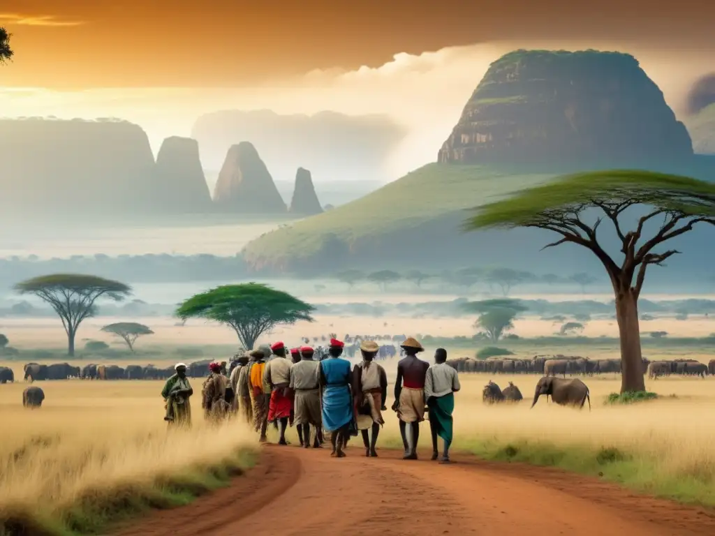 Expedición Livingstone al corazón de África: paisaje africano, aldeanos, vestimenta tradicional, armonía entre exploradores y comunidades locales