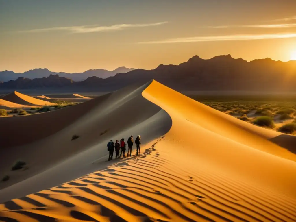 Aventura en el Desierto de Sonora: Grupo de aventureros en dunas infinitas, bajo el cálido resplandor del atardecer