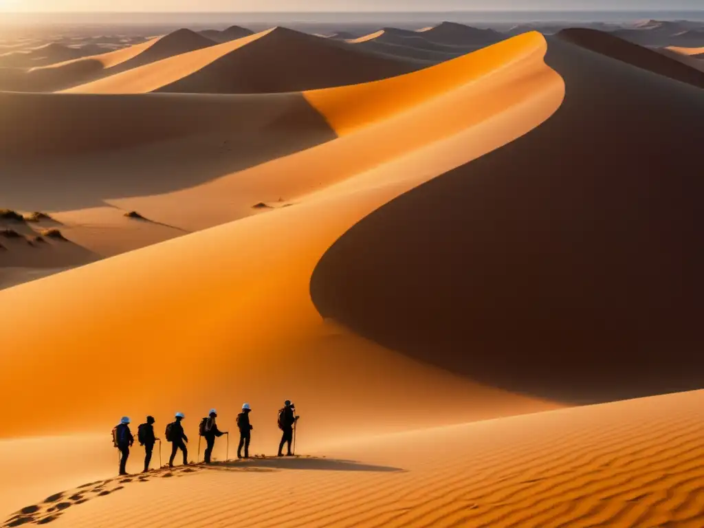 Exploradores en el Desierto de Gobi: Arena dorada, dunes impresionantes, expedición vintage con camellos