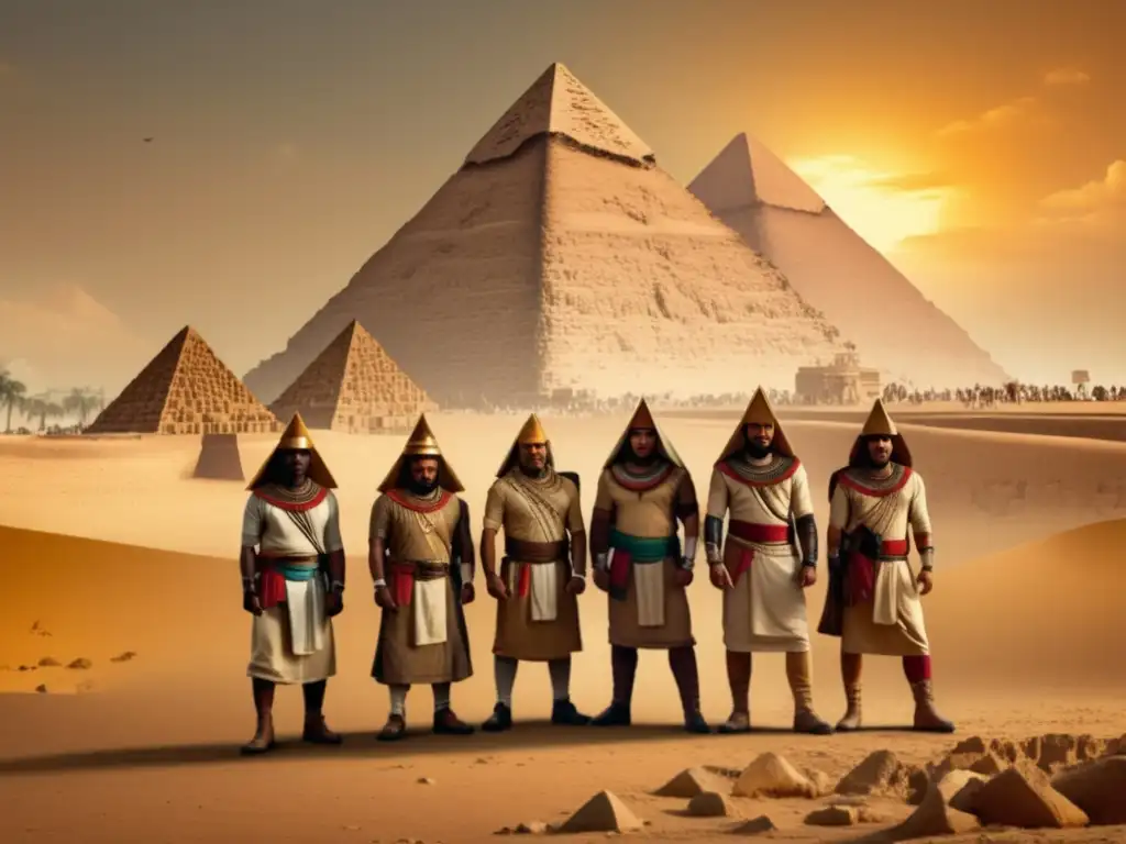 Equipo explorador frente a las majestuosas pirámides de Giza