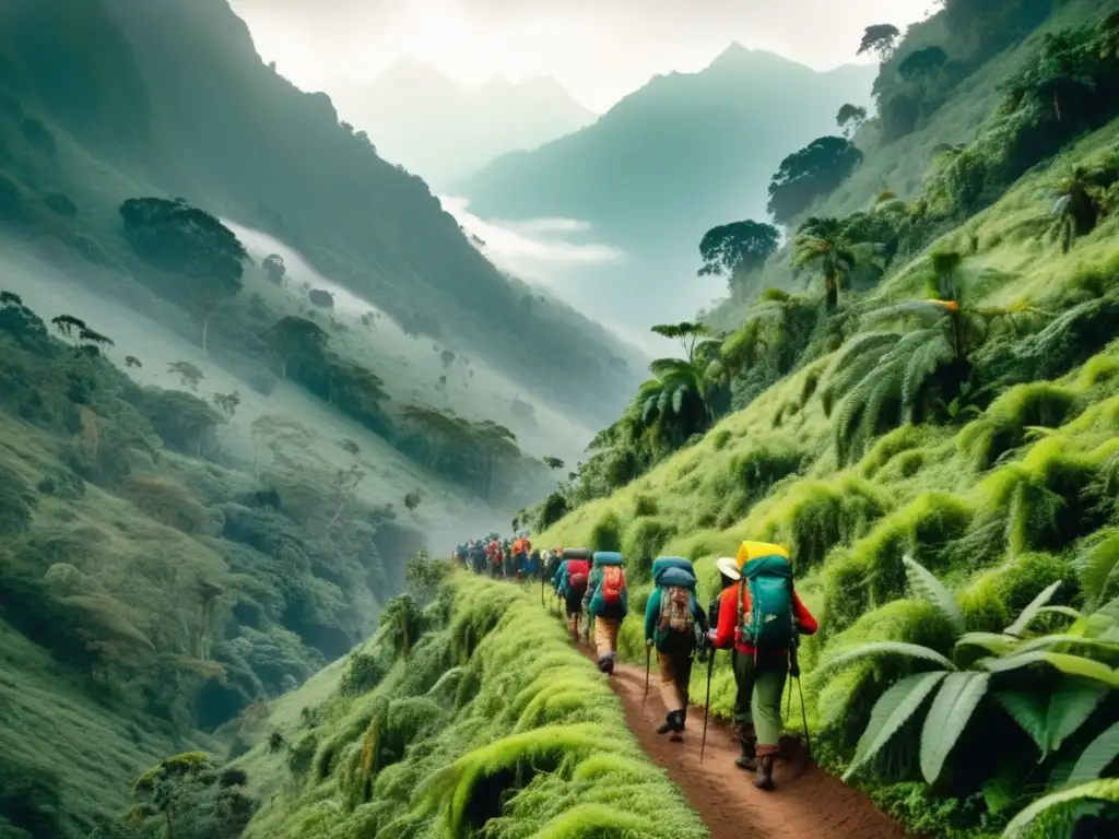 Grupo de montañistas explorando el desafiante Ruwenzori: La cumbre de las nubes