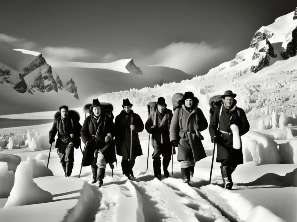 Exploradores en paisaje helado, con equipaje, evocando conquista del Polo Norte