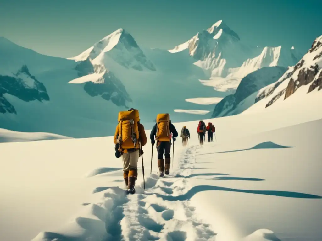 Exploradores en paisaje invernal, huellas, montañas nevadas