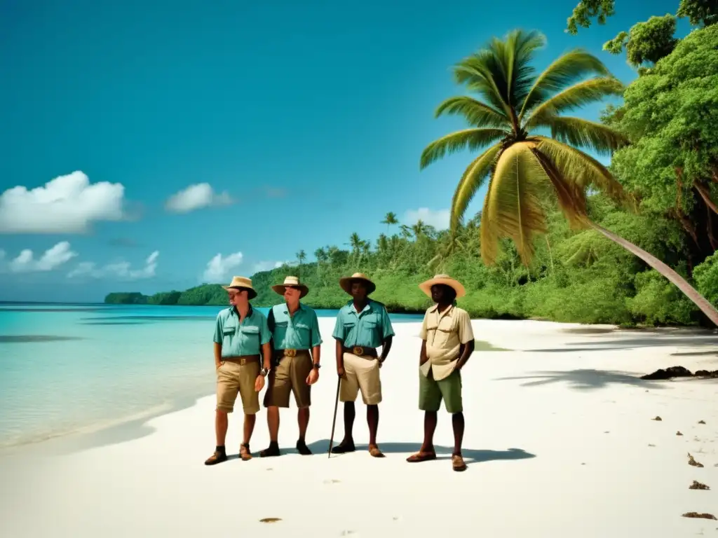 Grupo de exploradores en playa de arena blanca en Vanuatu