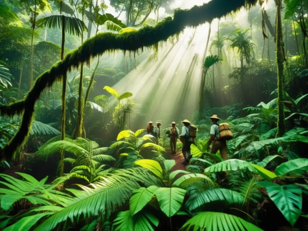 Exploradores en selva tropical con especies legendarias descubiertas en expediciones