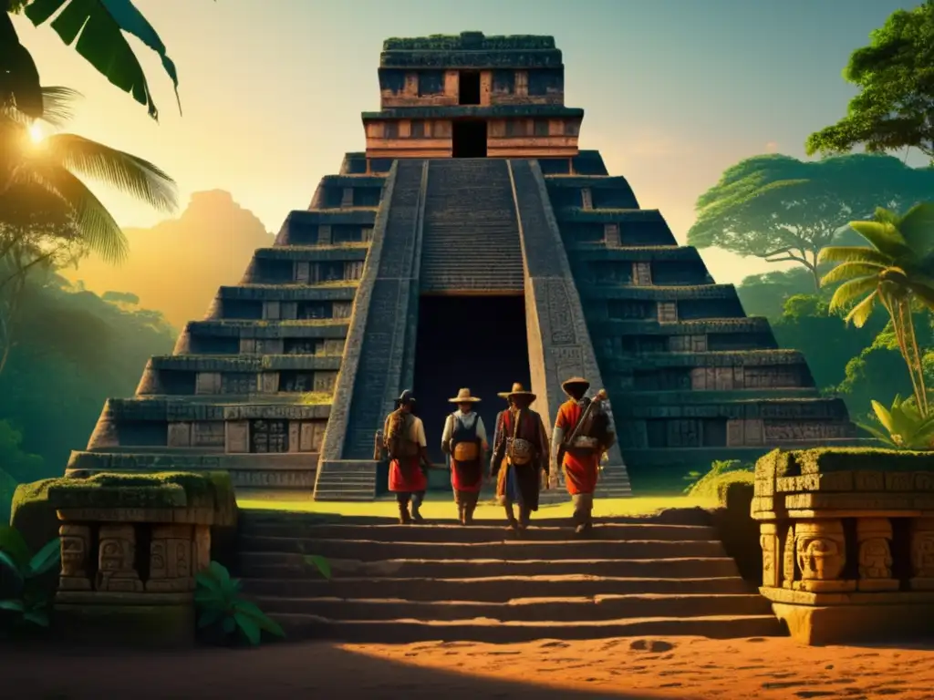 Exploradores en la entrada de un templo maya, con descubrimientos de los Mayas