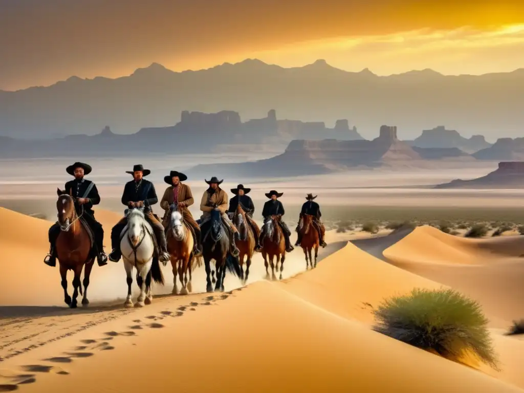 Expedición Coronado en el vasto desierto del suroeste americano, exploradores españoles a caballo en paisaje rocoso y cielo azul