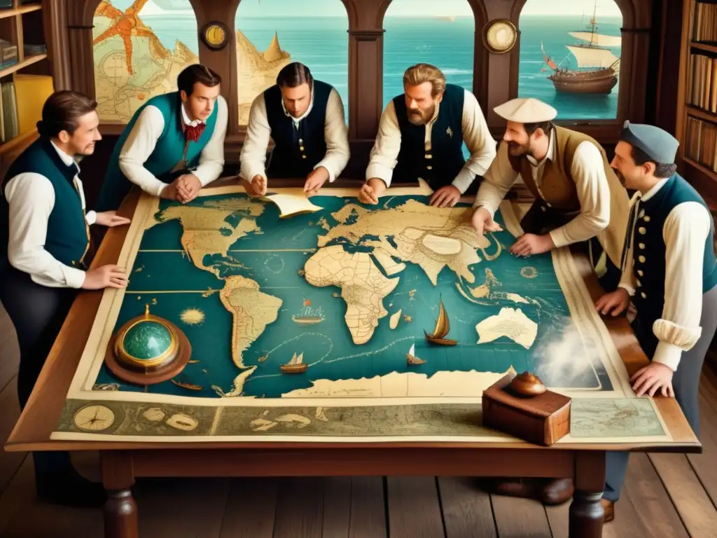 Grupo de exploradores estudiando un antiguo mapa en una mesa de madera - La Importancia de los Mapas Antiguos en las Grandes Expediciones