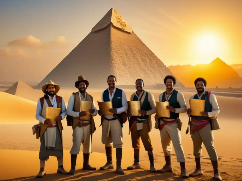 Grupo de exploradores en las pirámides de Giza, desvelando el legado faraónico y la perspectiva del antiguo Egipto