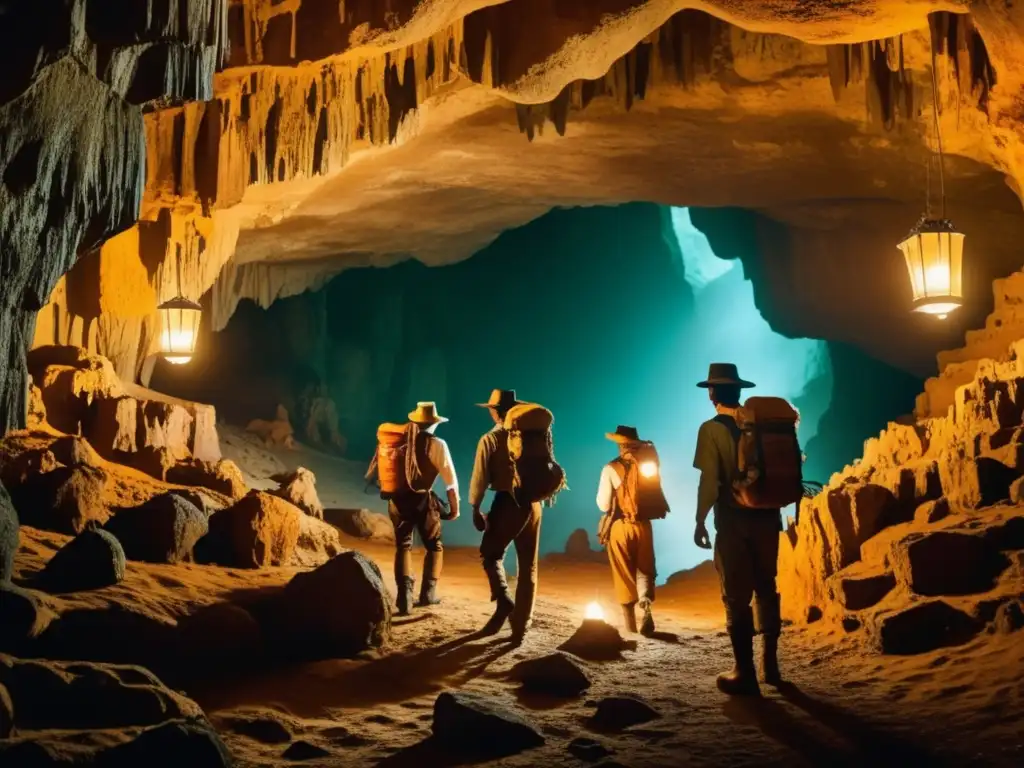 Exploradores en cueva subterránea con estalactitas y estalagmitas - expediciones subterráneas