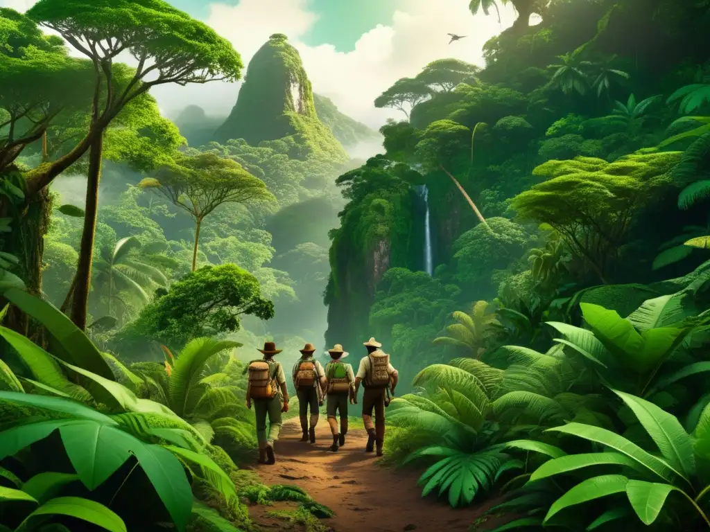 Ilustración vintage de exploradores en una exuberante jungla, con herramientas y equipamiento, con sombras y tonos cálidos