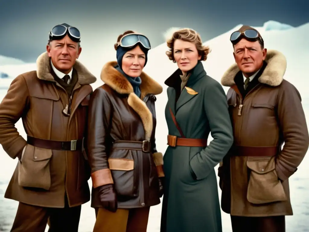 Exploradores legendarios frente a montañas heladas, Amundsen, Earhart y Shackleton, determinados y valientes