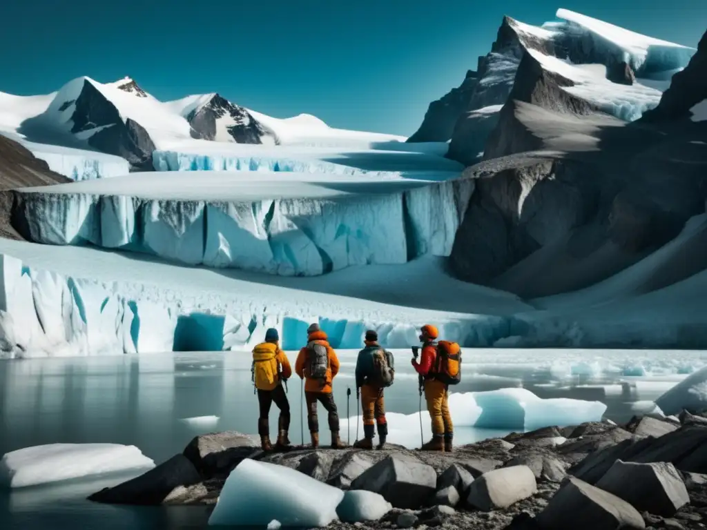 Grupo exploradores frente a majestuoso glaciar, con tecnología vanguardia en expediciones modernas