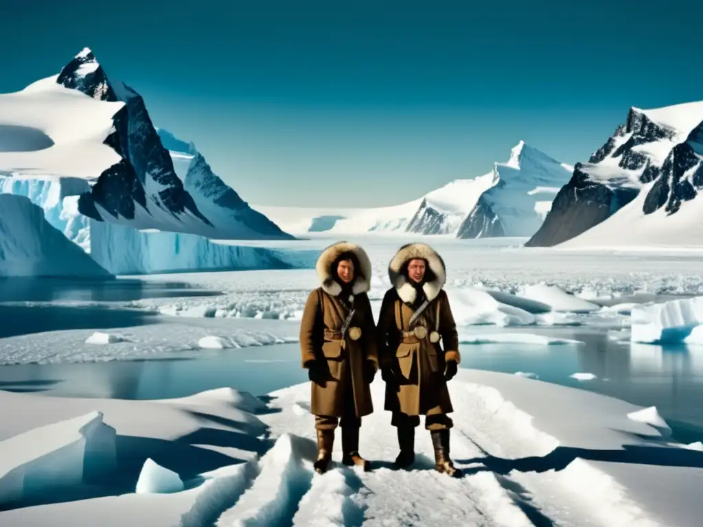 La Odisea Antártica de Amundsen y Scott: Dos exploradores en un paisaje helado, rodeados de montañas nevadas y el extenso hielo blanco del Polo Sur