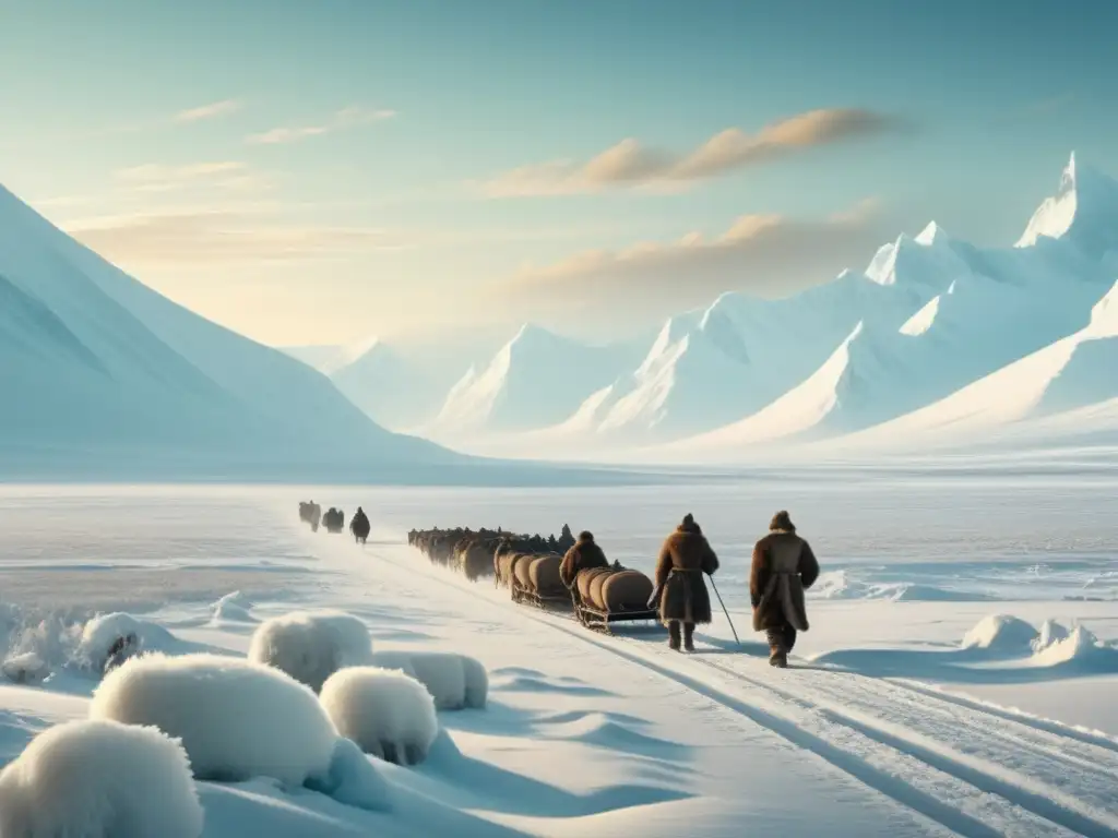 Conquista del Polo Sur: paisaje helado con exploradores trazando su camino en un mundo frío y desafiante